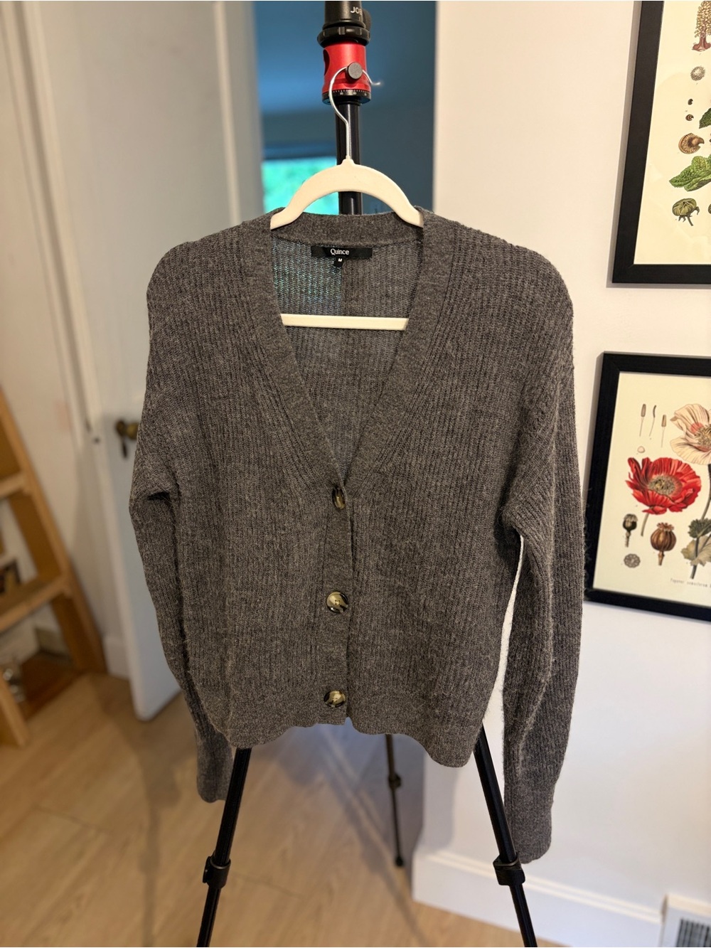 Quince Charcoal Gray Fuzzy V-Neck Button Cardigan